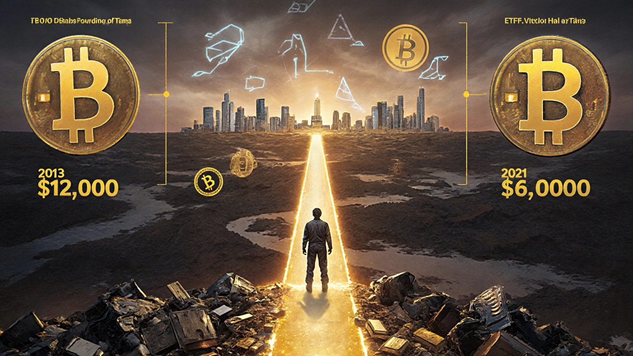 Timeline of Bitcoin price surges after each halving, leading toward 2025’s institutional adoption.