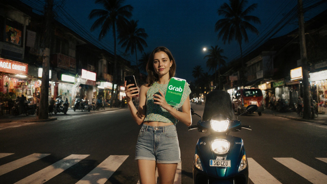 Wanita wisatawan sendirian menggunakan aplikasi ojek online di Canggu, suasana malam yang tenang dan aman.