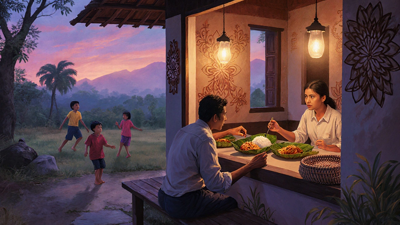 Warung keluarga di Desa Mas menyajikan makanan tradisional Bali di malam hari.