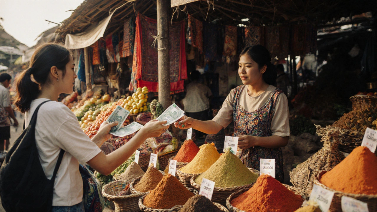 Wisatawan bernegosiasi di Pasar Ubud, membayar dengan uang tunai rupiah kepada pedagang lokal.
