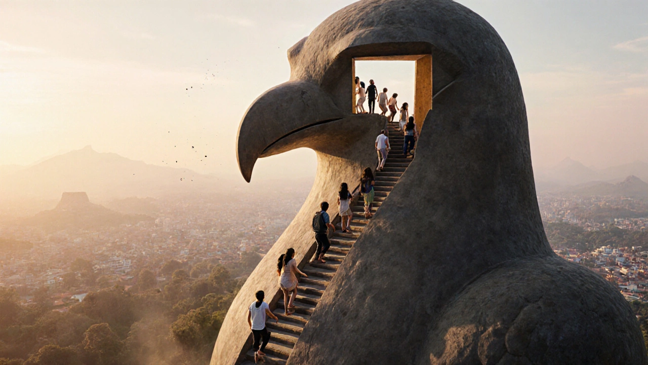 Wisatawan mendaki tangga sempit di dalam kepala patung Garuda, pemandangan Bali membentang di bawah mereka.