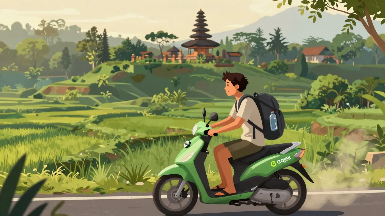 Backpacker riding a Gojek scooter through Bali's green valleys toward Tegallalang.