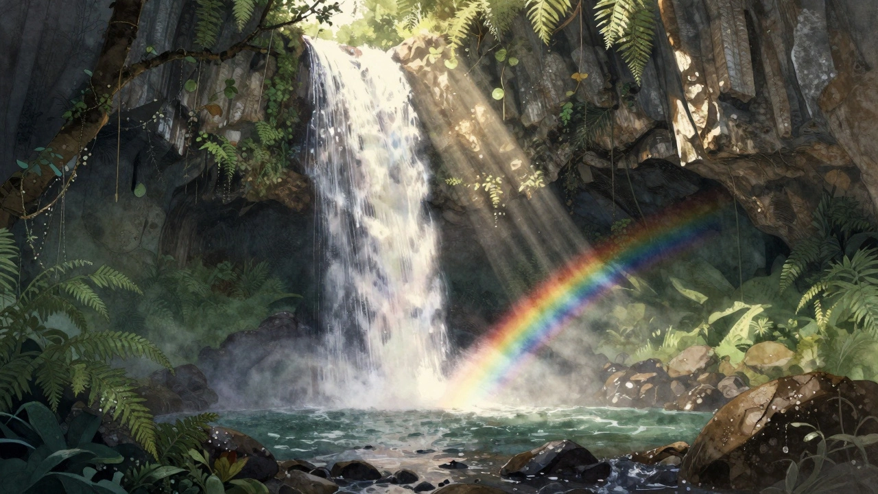 Cahaya matahari menciptakan pelangi di atas Air Terjun Tukad Cepung, mengalir dari celah gua ke kolam jernih.