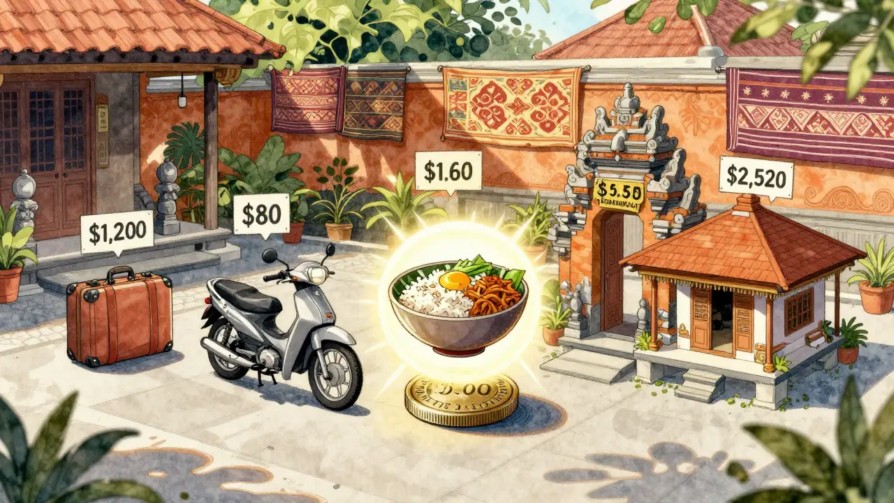 Diagram visual biaya liburan ke Bali dengan elemen terbang, motor, makanan, pura, dan villa mengambang di halaman tradisional.