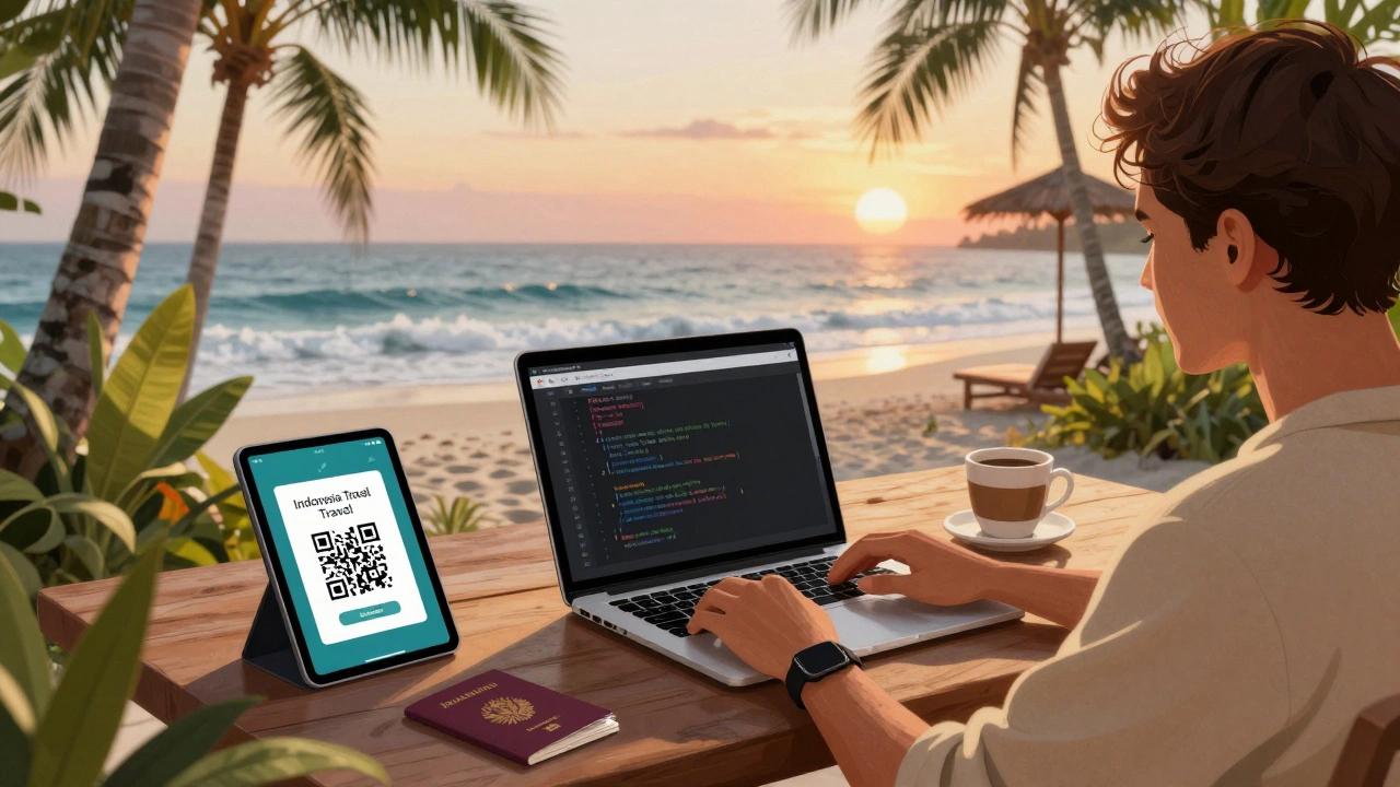 Digital nomad bekerja di vila pantai Bali dengan aplikasi Indonesia Travel di tablet.