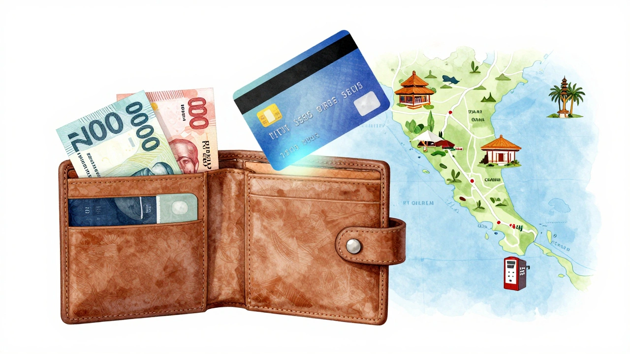 Dompet dengan uang AUD, IDR, dan kartu debit di atas peta Bali, simbol wisata dan ATM terlihat halus.