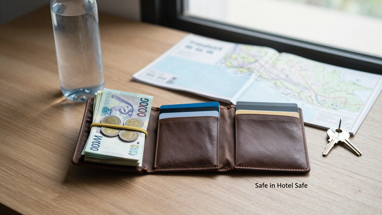 Dompet terbagi menjadi uang tunai, kartu, dan ruang kosong untuk uang di brankas hotel.