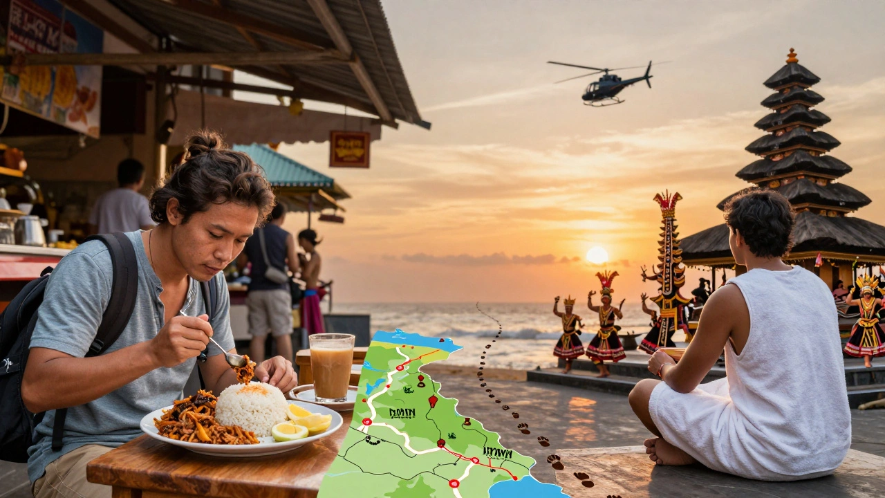 Dua gaya liburan di Bali: hemat di warung lokal dan premium di tarian Kecak, dipisahkan oleh jejak kaki menuju peta Bali.