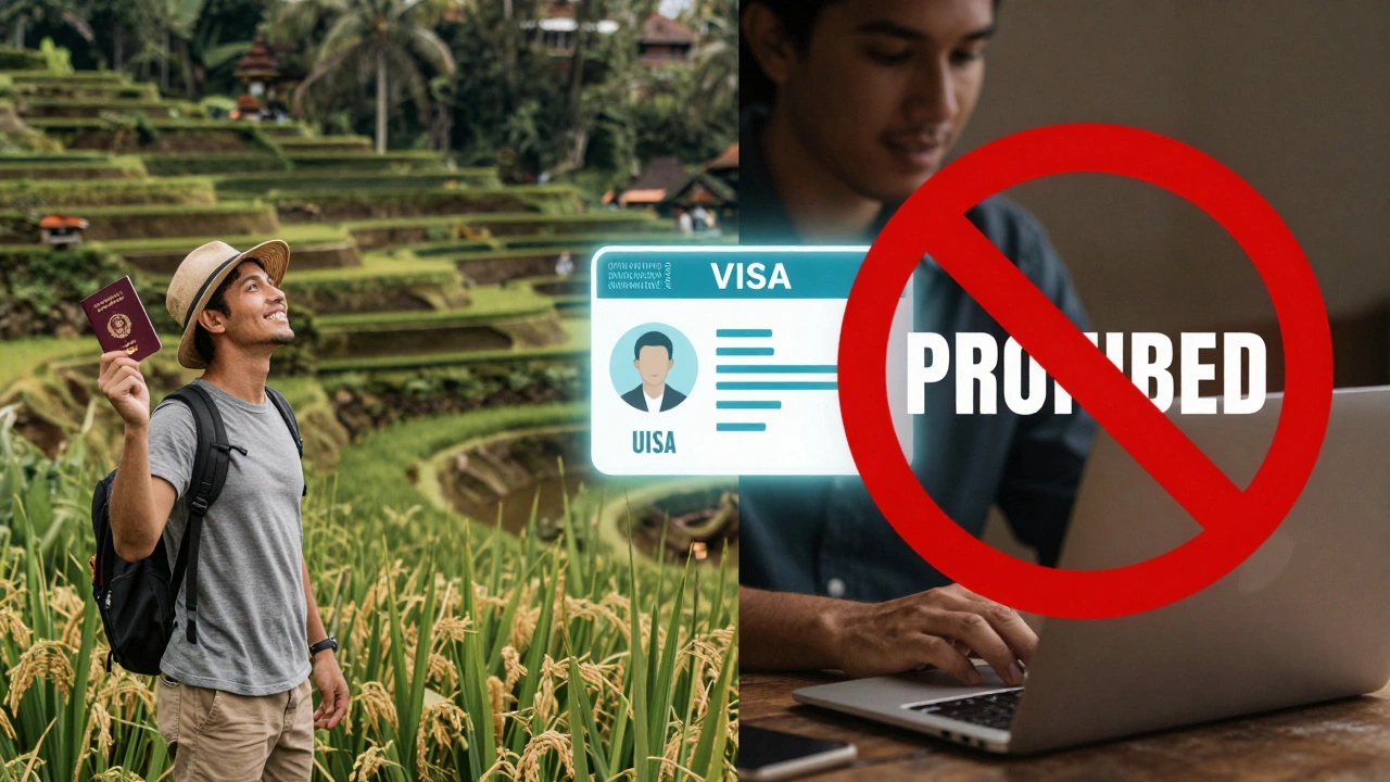 Gambar konseptual: wisatawan menikmati Bali tanpa visa di satu sisi, pekerjaan online dilarang di sisi lain.