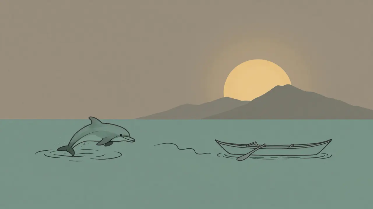 Garis sederhana menghubungkan lumba-lumba, perahu, dan matahari terbit, simbol harmoni alam.