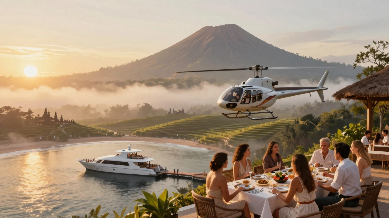 Helikopter terbang di atas Gunung Agung, di bawahnya yacht pribadi dan makan malam mewah di tebing.