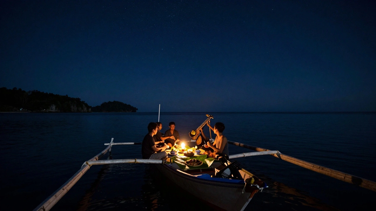 Kapal Pinisi pribadi di malam hari dengan makanan dan musik gamelan, langit penuh bintang dan laut tenang.