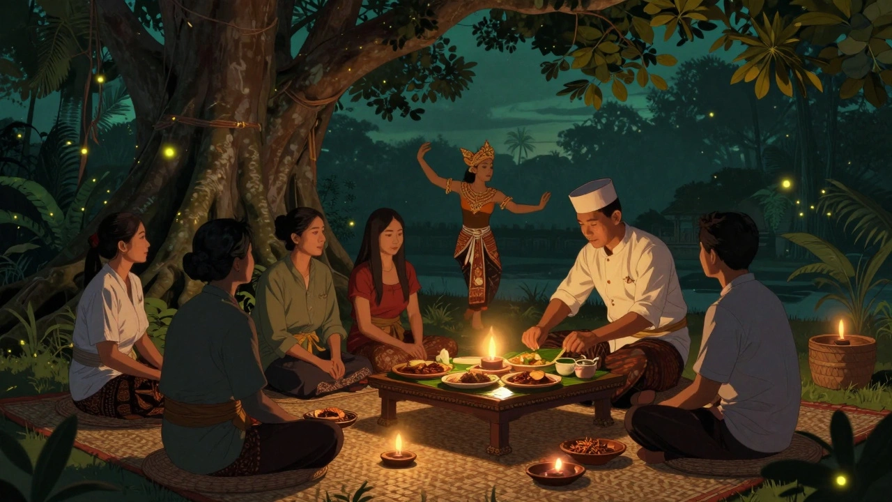 Kelompok kecil menikmati jamuan malam di bawah pohon beringin kuno di Ubud, dengan penari tradisional dan cahaya lilin.