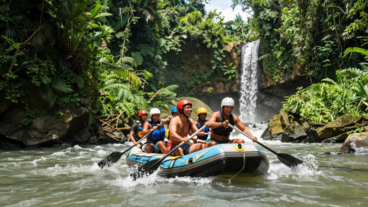 Kelompok petualang sedang rafting di Sungai Ayung, melewati tebing hijau dan air terjun kecil di tengah hutan tropis Bali.