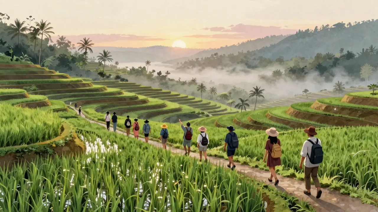 Kelompok wisatawan berjalan di sawah bertingkat Tegallalang saat matahari terbit.