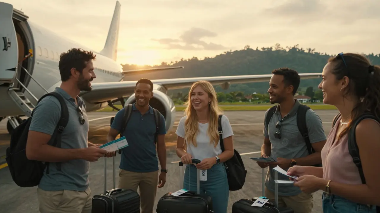 Kelompok wisatawan naik pesawat ke Bali saat matahari terbenam di bandara.