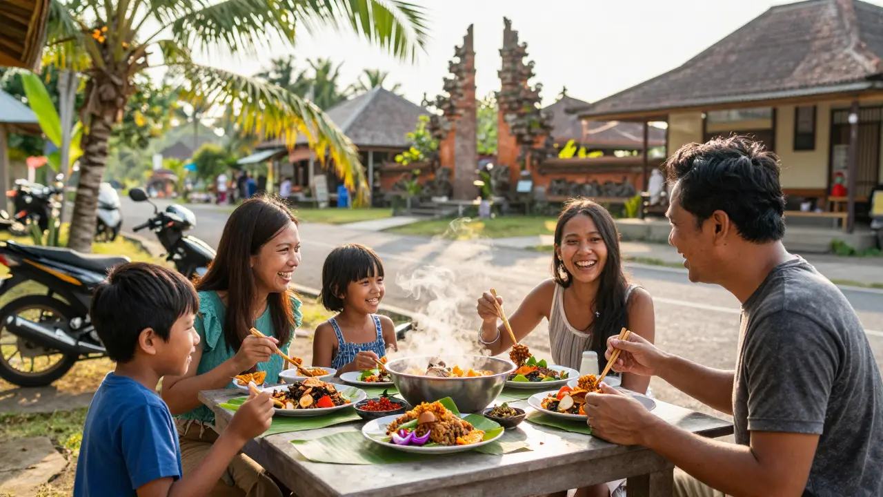 Keluarga menikmati makan sederhana di warung pinggir jalan di Bali, dengan makanan lokal dan motor di latar belakang.