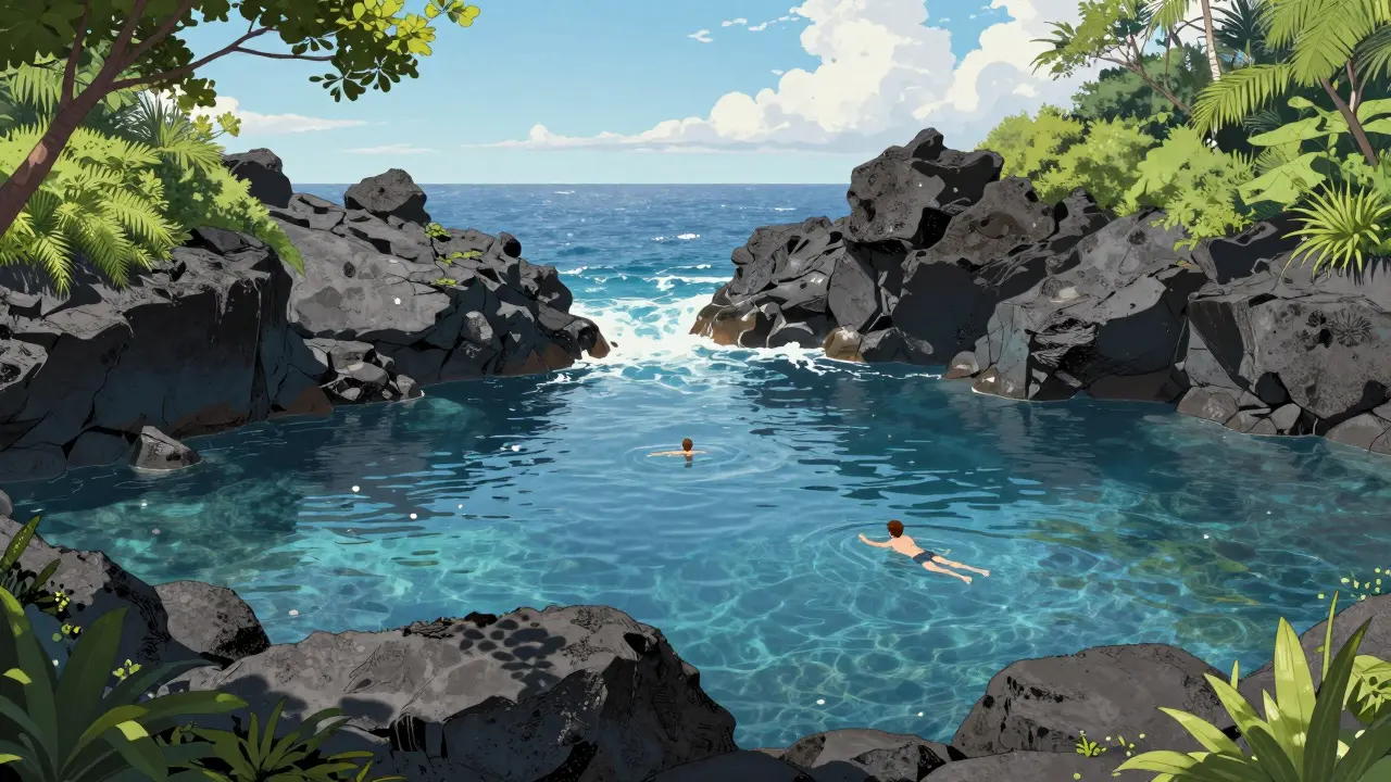 Kolam alami Angel’s Billabong berair biru jernih, dikelilingi batuan vulkanik dan tanpa kerumunan wisatawan.