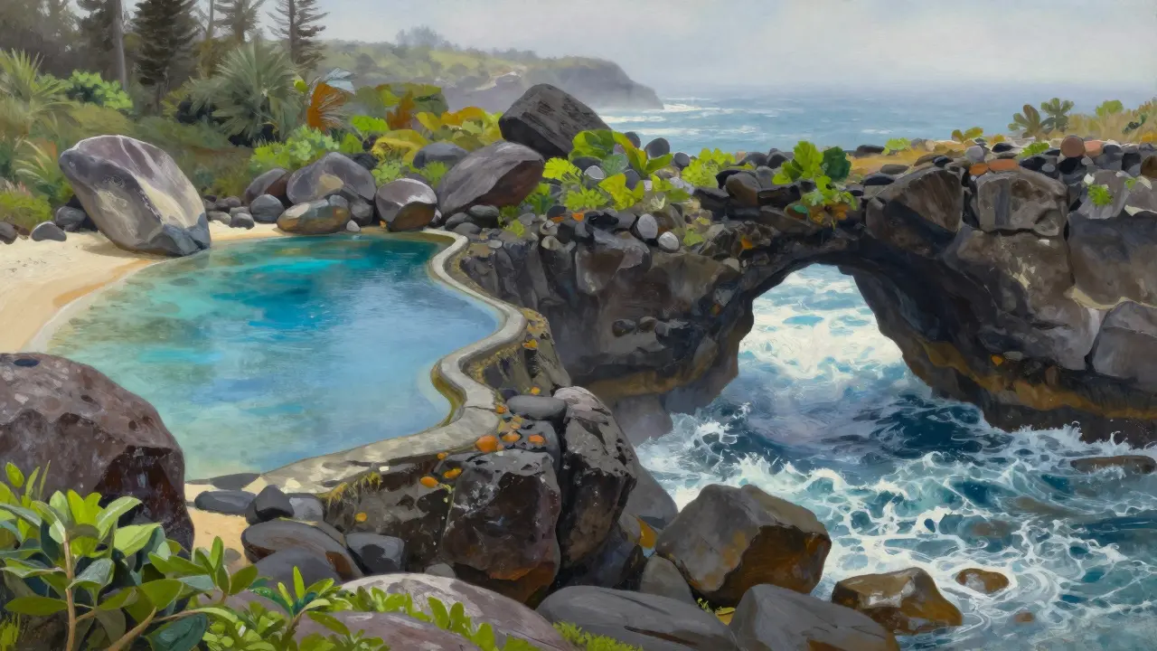 Kolam alami Angel’s Billabong dan Broken Beach dengan air jernih dan terowongan karang.