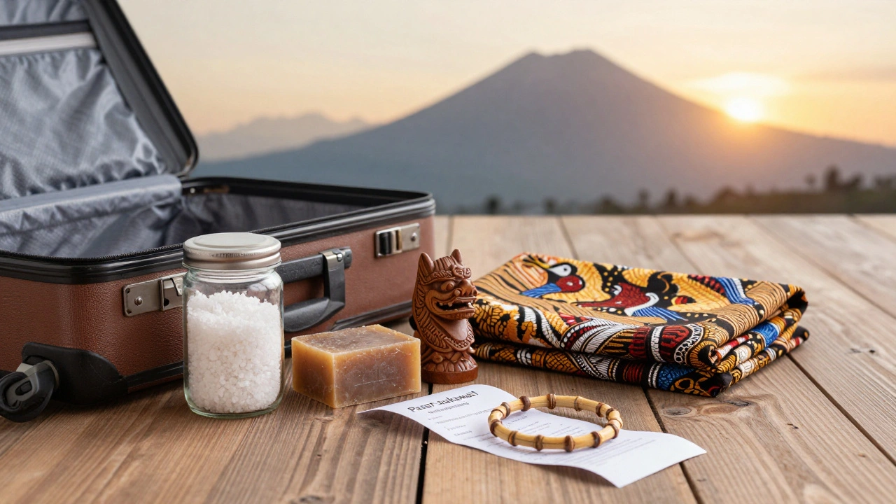 Koper terbuka berisi oleh-oleh autentik Bali: garam laut, sabun kopi, dan batik khas.