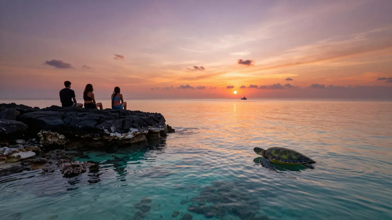 Matahari terbenam di Crystal Bay dengan orang-orang duduk di batu karang dan penyu di laut.