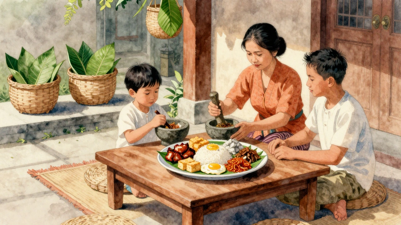 Nasi campur Bali dengan berbagai lauk tradisional disiapkan oleh keluarga di halaman rumah, suasana pagi yang tenang.