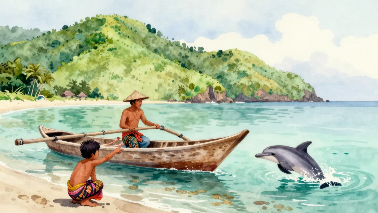 Nelayan Bali mendayung perahu tradisional sambil anak kecil menunjuk lumba-lumba di laut pagi.