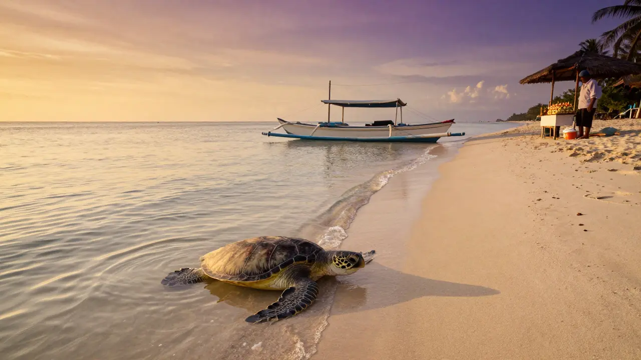Pantai Crystal Bay saat matahari terbenam, dengan penyu berenang di air tenang dan perahu nelayan di tepi pasir.