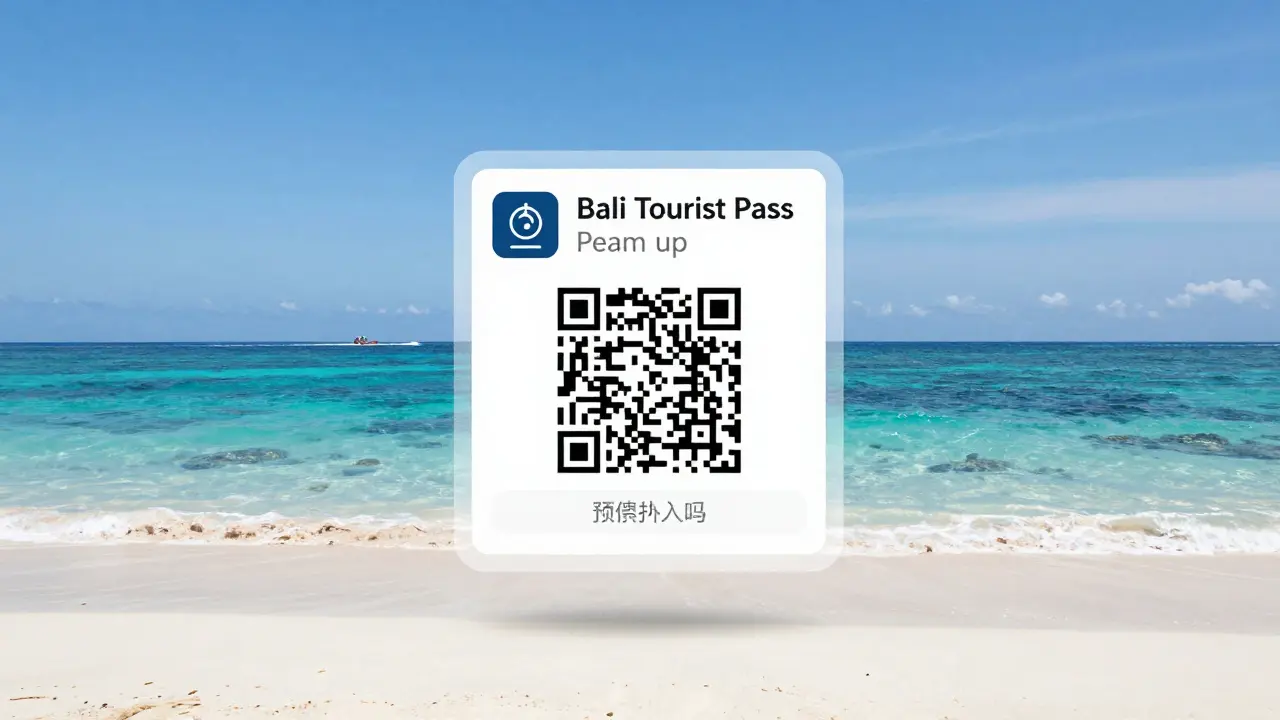 Pantai sepi di Amed dengan QR code digital menunjukkan masuk gratis, terumbu karang terlihat di air jernih.