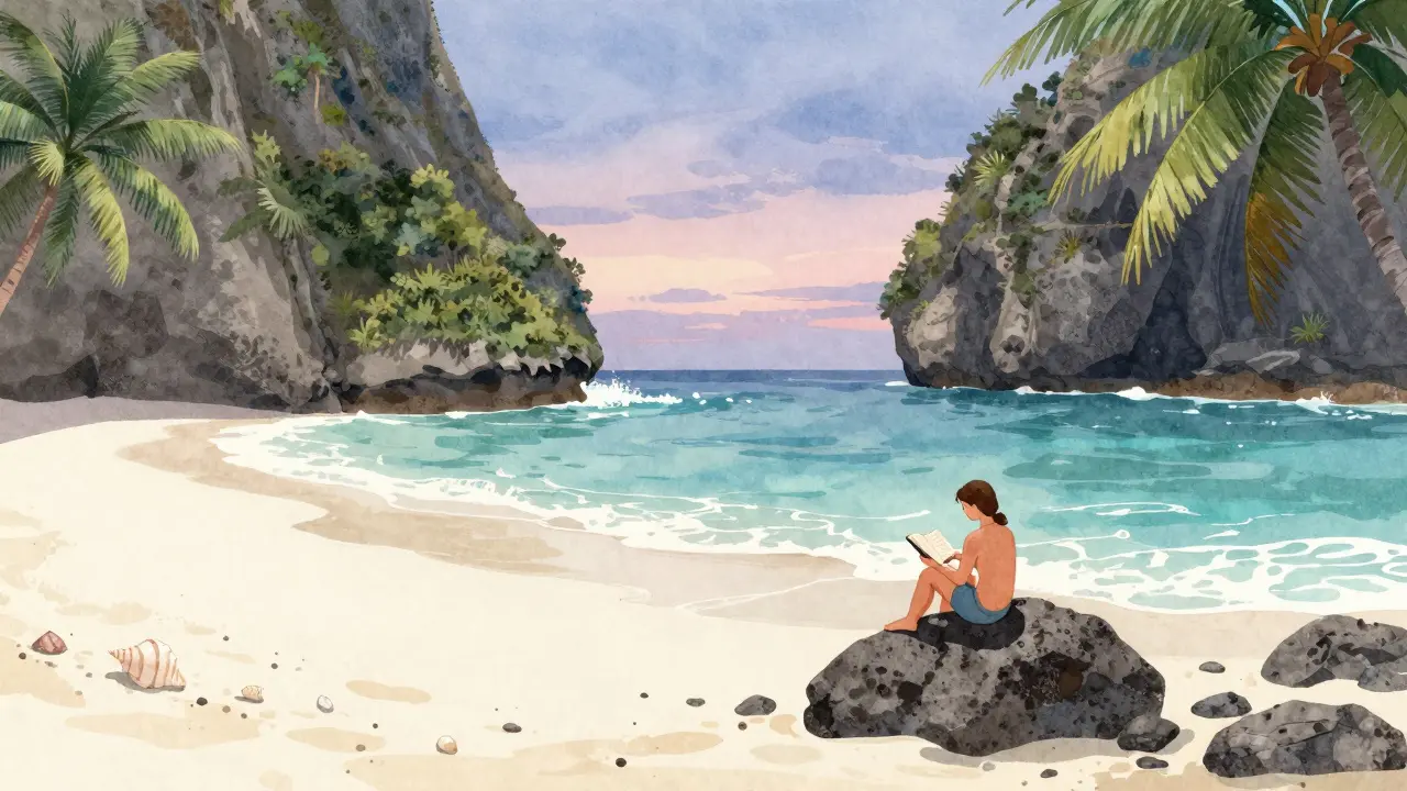 Pantai tersembunyi Padang Galak dengan seorang traveler yang duduk tenang di atas batu besar.