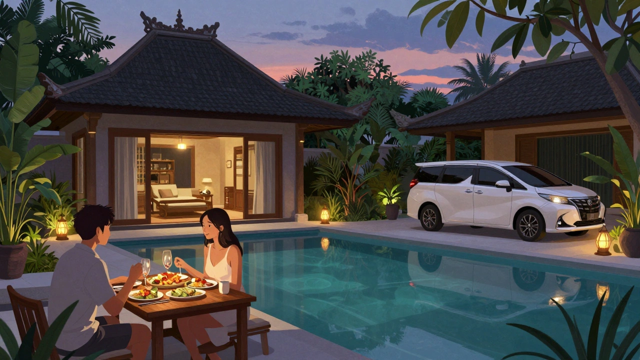 Pasangan menikmati kolam renang pribadi di vila Seminyak dengan makan malam gourmet di malam hari.