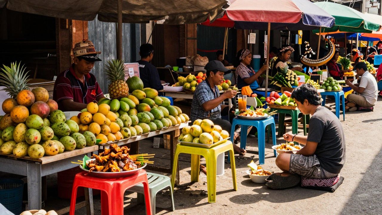 Pasar tradisional Ubud, pedagang menjual makanan lokal seperti sate ayam dan mie ayam, wisatawan makan di kursi rendah.