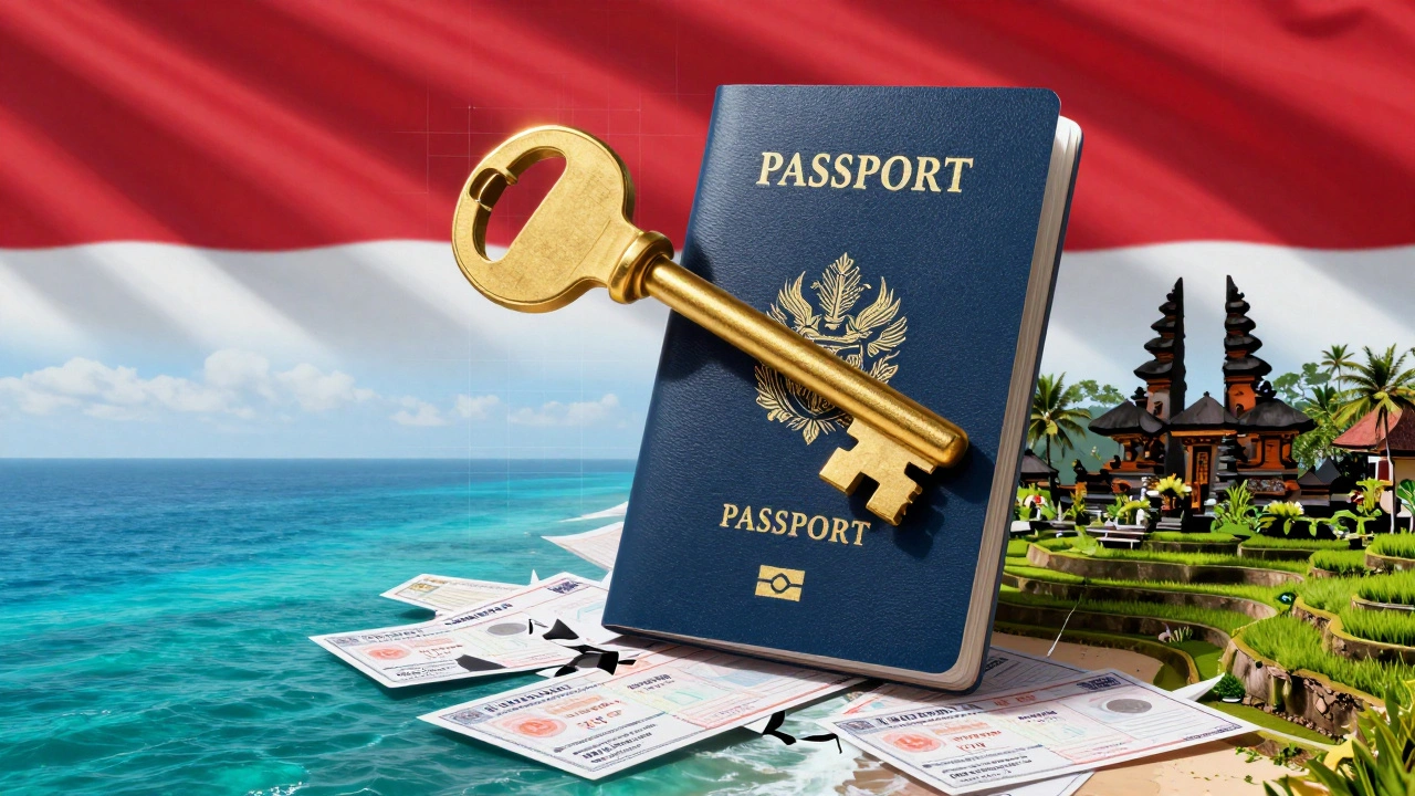 Paspor emas sebagai kunci membuka pemandangan Bali, sementara dokumen lain hancur di bawahnya.