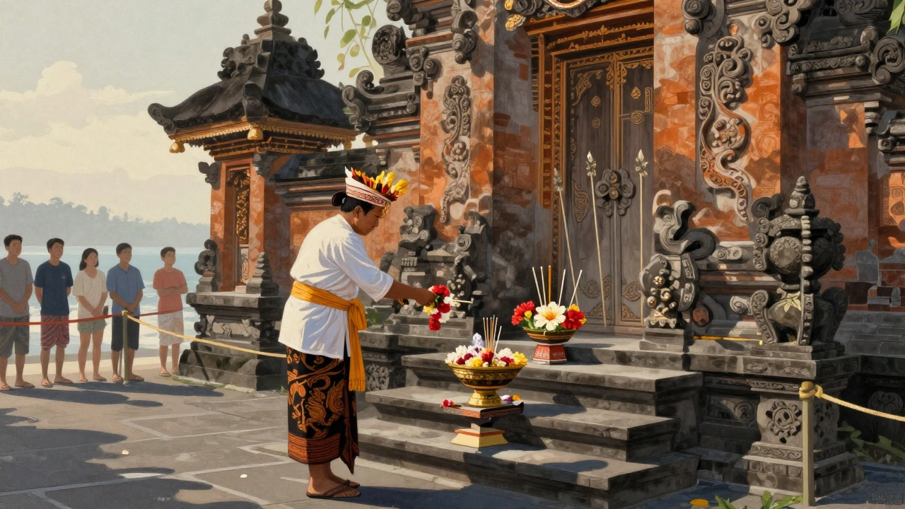 Pemuka adat Bali melakukan ritual pagi di depan Pura Tanah Lot dengan persembahan tradisional di depannya.