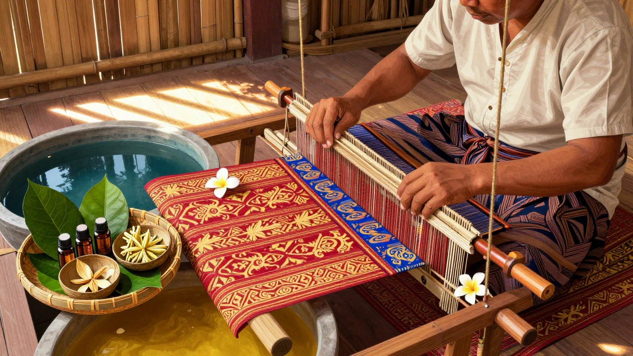 Pengrajin menenun kain endek Bali dengan motif tradisional di bawah cahaya matahari.