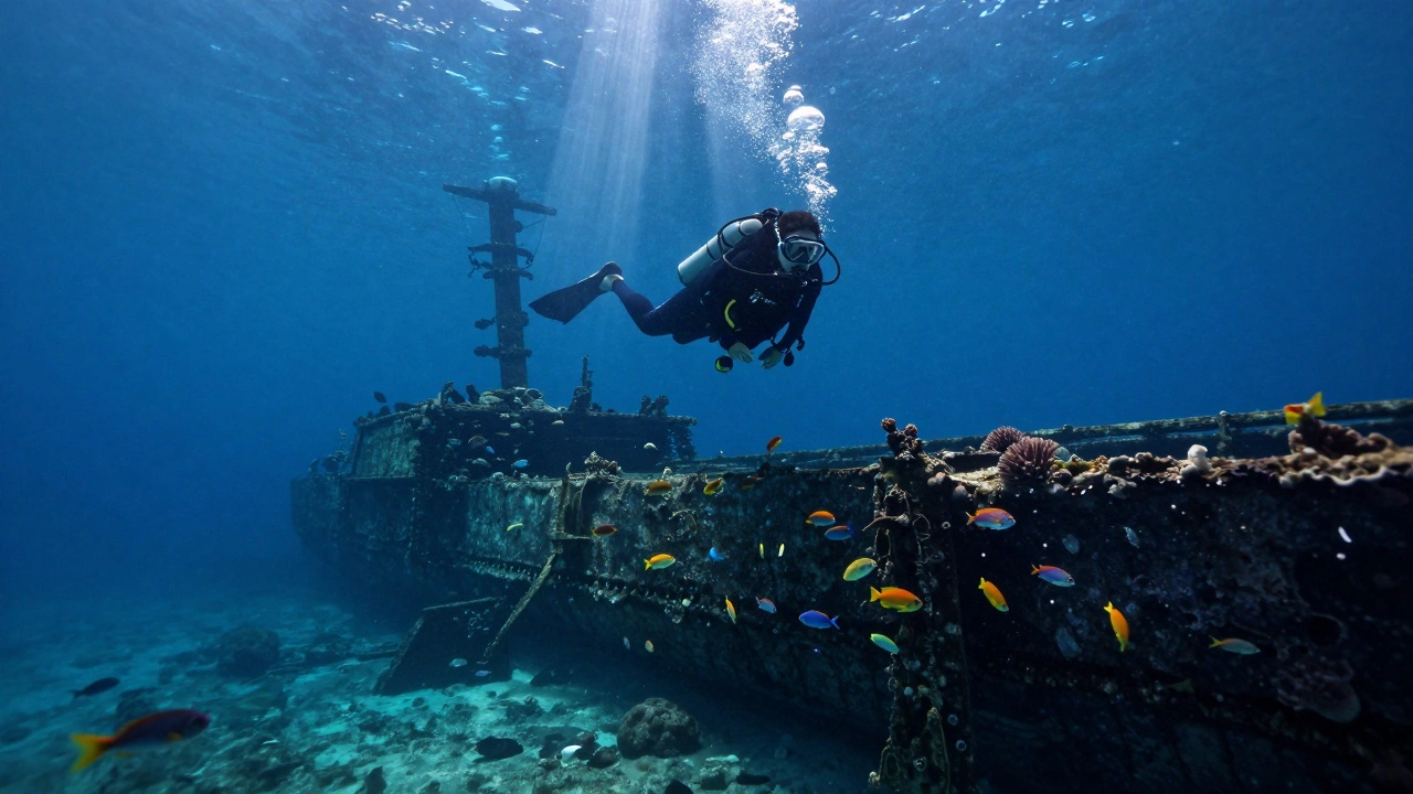 Penyelam mengapung di atas reruntuhan kapal USS Liberty di Tulamben, cahaya matahari menembus air jernih, ikan-ikan berenang di sekitar bangkai kapal.