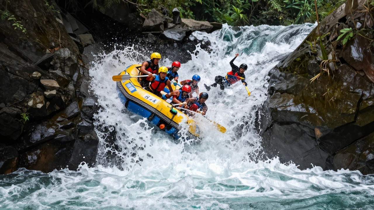 Perahu arung jeram terjatuh dari jeram curam di Sungai Telaga Waja, air menerjang keras, penumpang berpegangan erat.