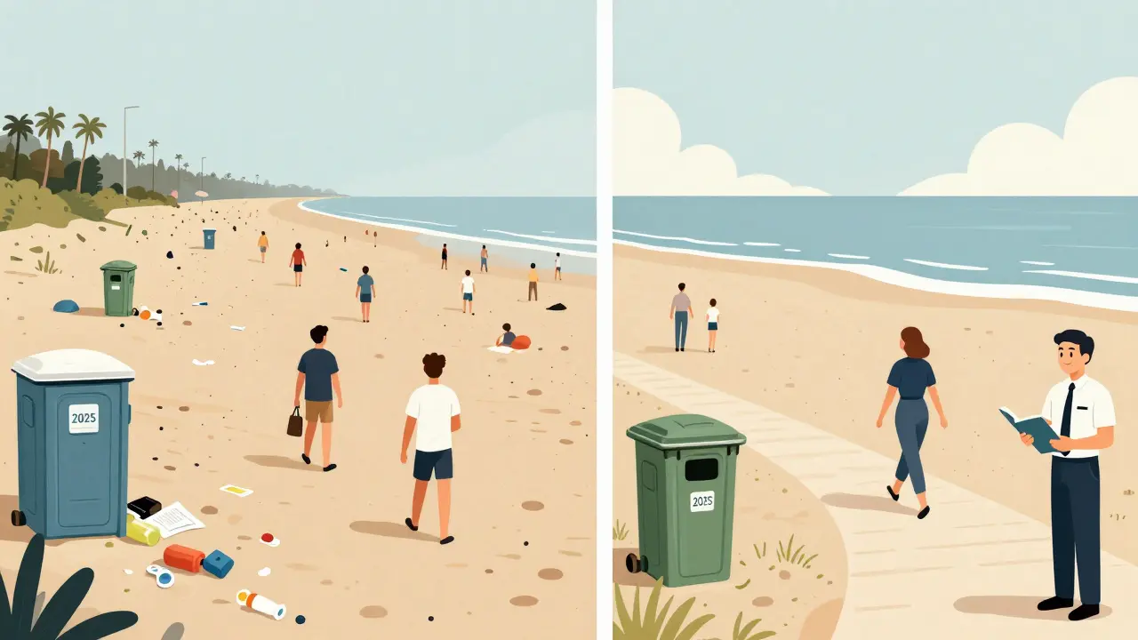 Perbandingan dua pantai: satu kotor dan rusak, satu bersih dan terawat — simbol perubahan akibat biaya masuk.