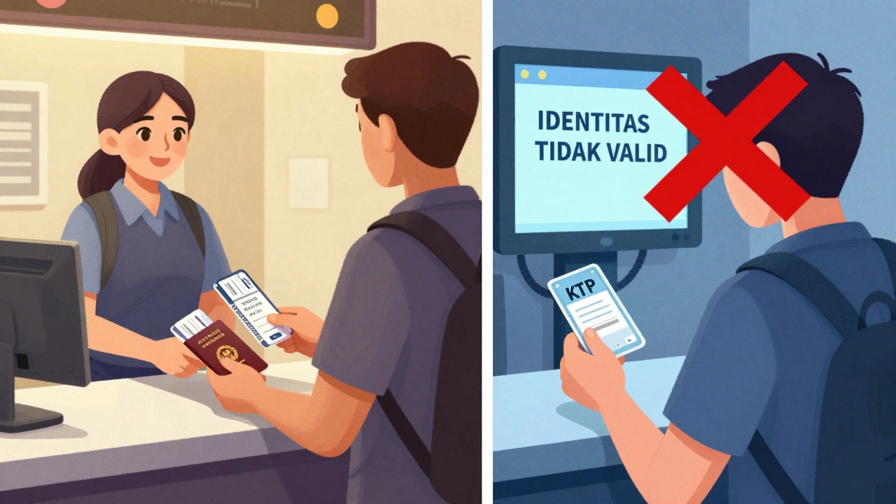 Perbandingan dua sisi: satu berhasil check-in dengan paspor, satu gagal dengan KTP saja.