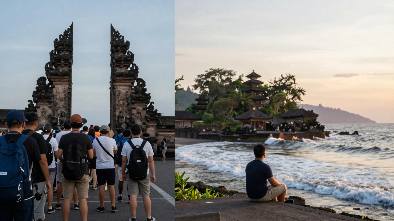 Perbandingan suasana ramai di Tanah Lot dan tenang di Pura Batu Bolong, keduanya dengan pemandangan laut dan pura di atas batu.