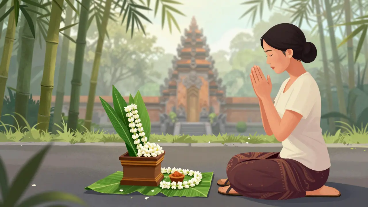 Perempuan berdoa di depan altar jalan di Ubud, sandal dilepas, bunga melati tersusun rapi.