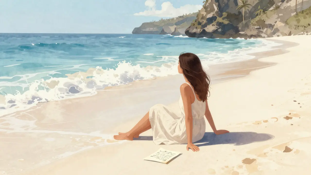 Perempuan duduk sendirian di pantai tersembunyi Nusa Penida, menatap laut, surat tulisan tangan di sampingnya.
