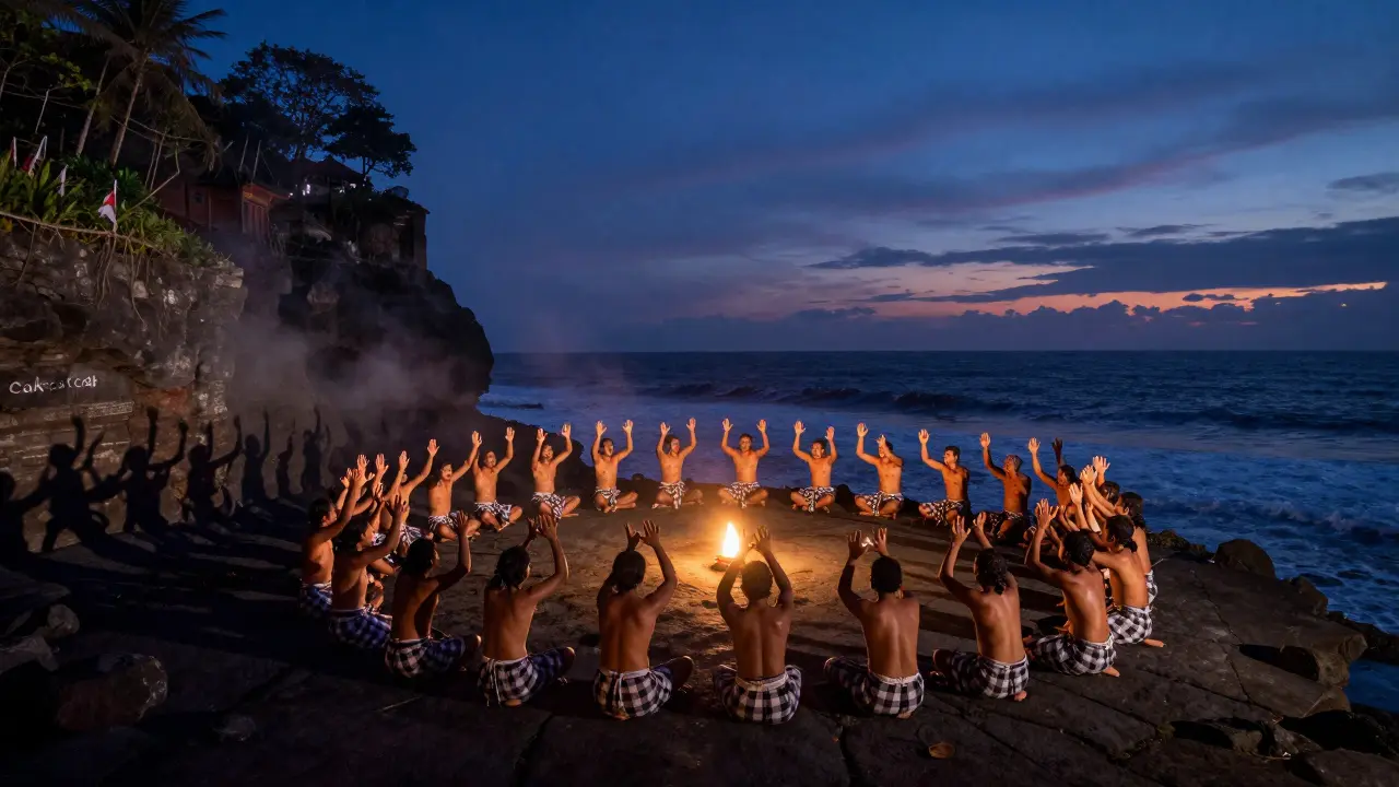 Pertunjukan Tari Kecak di malam hari, ratusan penari berbaju kotak-kotak membentuk lingkaran di bawah cahaya sorot.