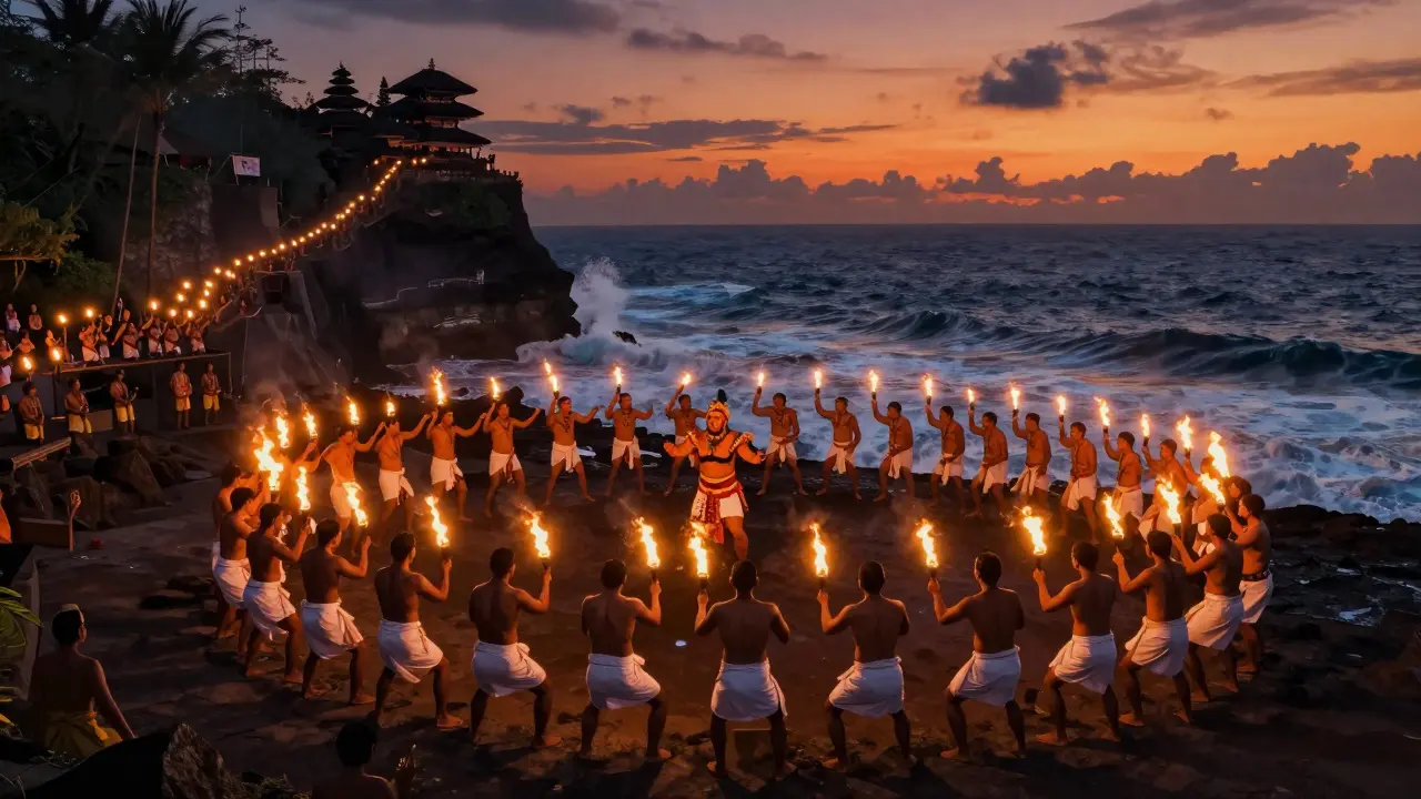 Pertunjukan tari Kecak di Pura Uluwatu saat matahari terbenam, dengan para penari berputar di tepi tebing dan api menyala.