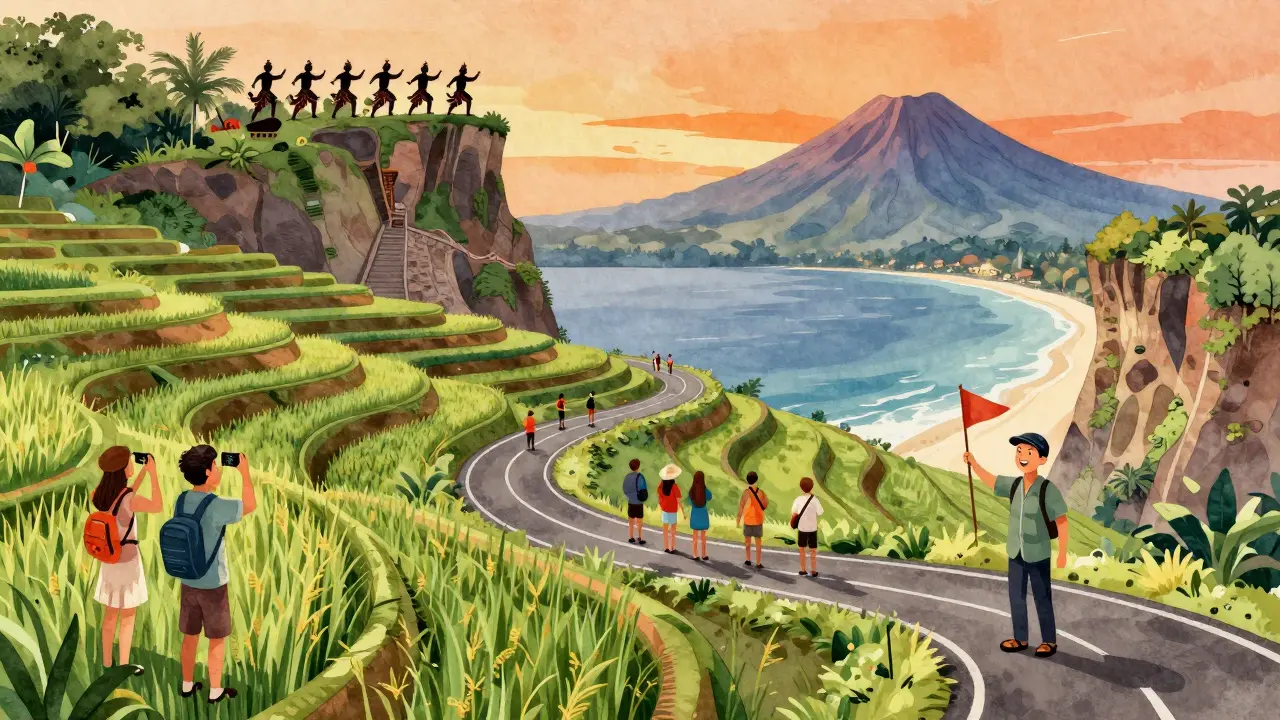 Peta artistik menampilkan lokasi wisata utama Bali seperti sawah, pura, dan pantai yang terhubung oleh jalan tur grup.