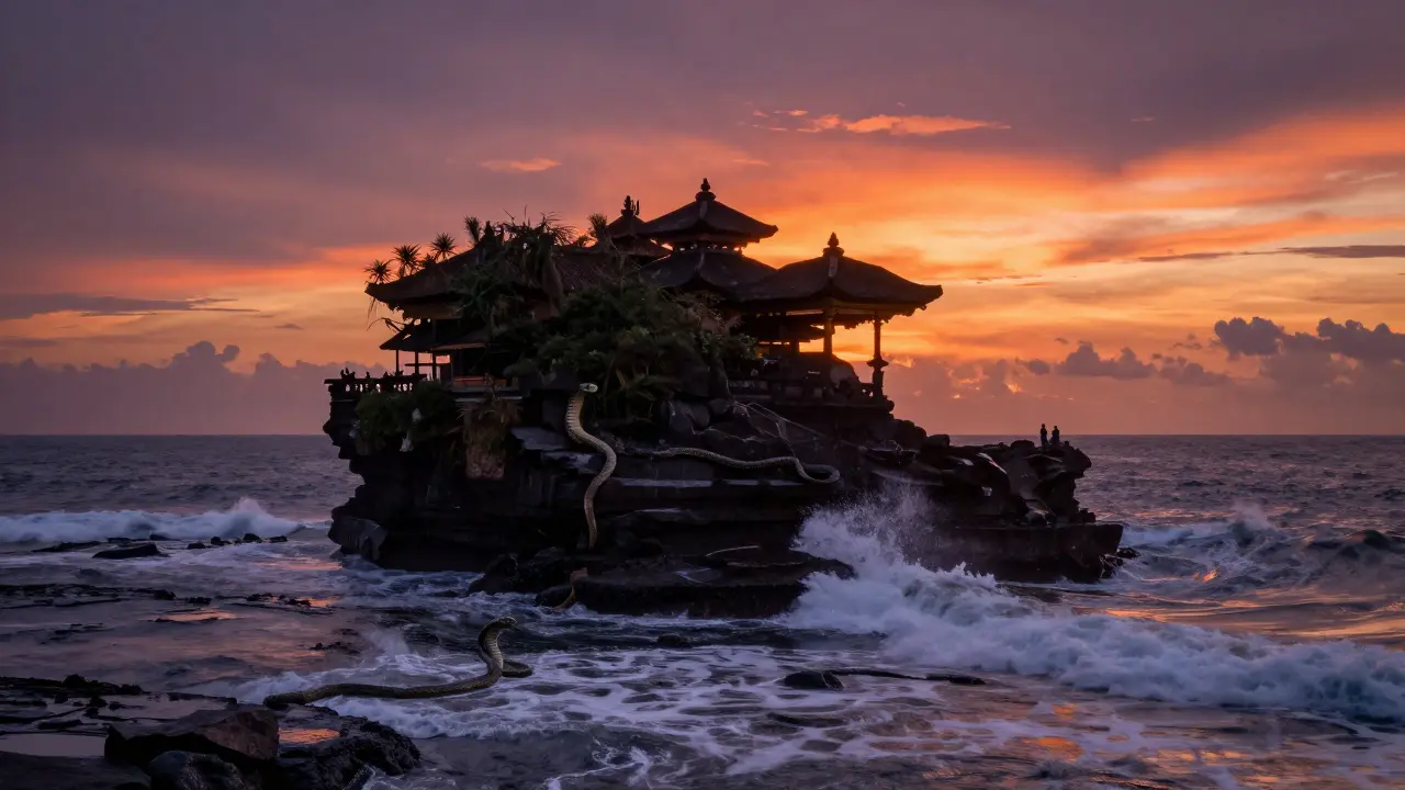 Pura Tanah Lot di atas karang laut saat matahari terbenam, ular suci melintas di batu basah, langit berwarna jingga.