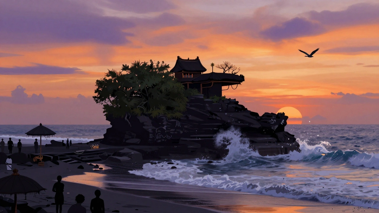 Pura Tanah Lot di matahari terbenam, berdiri di karang laut dengan ombak yang menerjang dan siluet pengunjung.