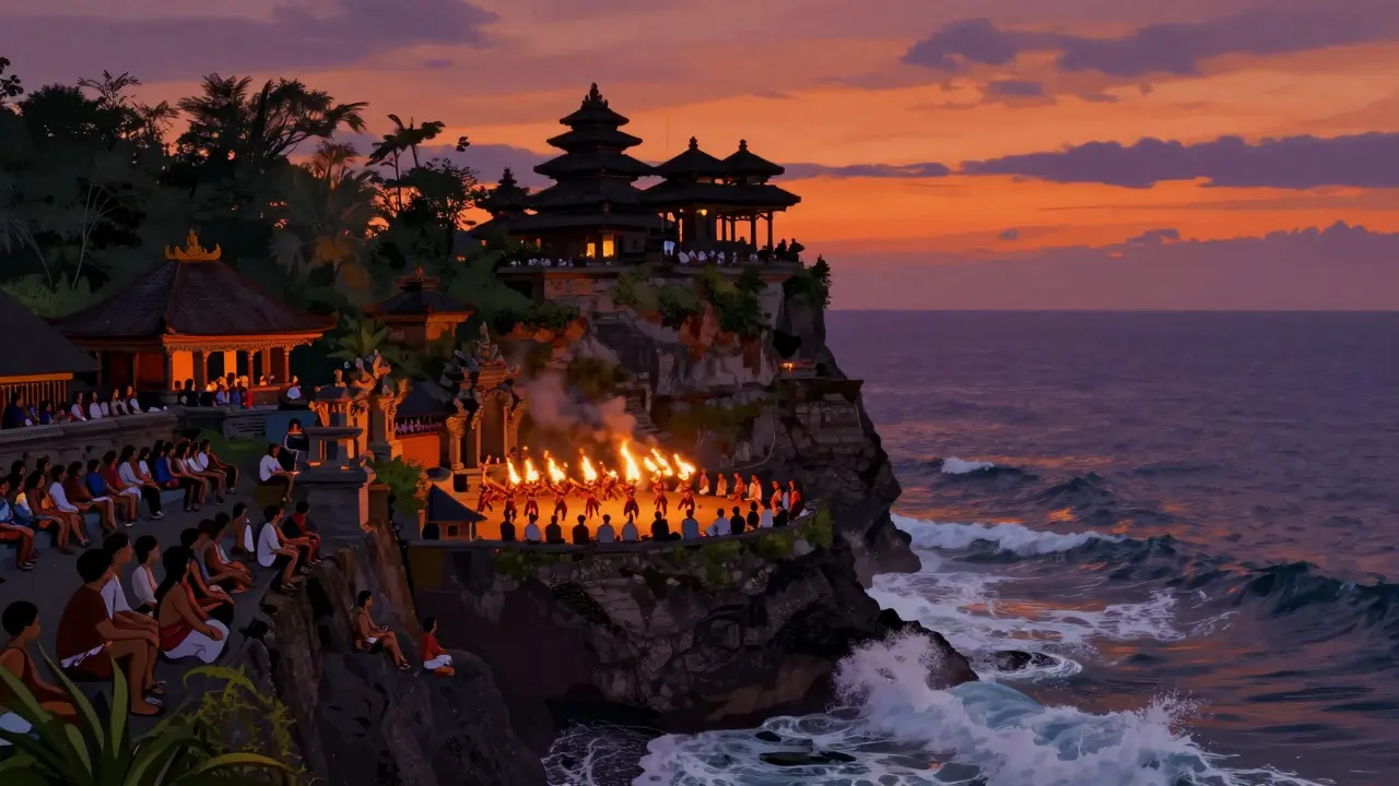 Pura Uluwatu di tebing, pertunjukan tarian kecak di bawah langit jingga, ombak menghantam karang hitam.