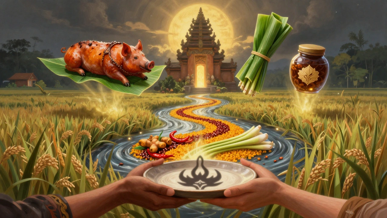 Representasi spiritual kuliner Bali: rempah-rempah mengalir seperti sungai menuju kuil, tangan lokal dan tamu bersentuhan di atas piring.