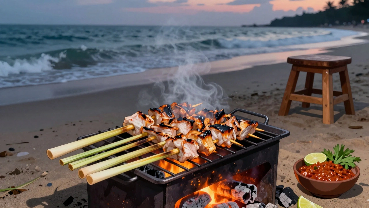 Sate lilit ikan tuna dililitkan pada batang serai, dipanggang di atas bara api, di tepi pantai Kuta saat senja.